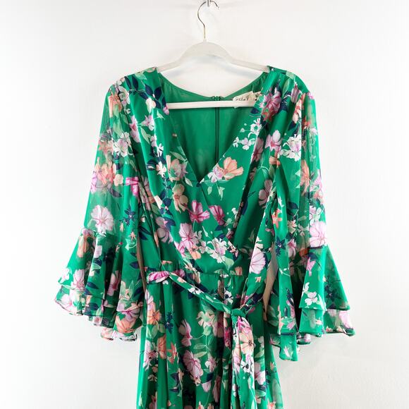 Eliza J 3/4 Sleeve Floral Faux Wrap Hi Low Dress Green 18